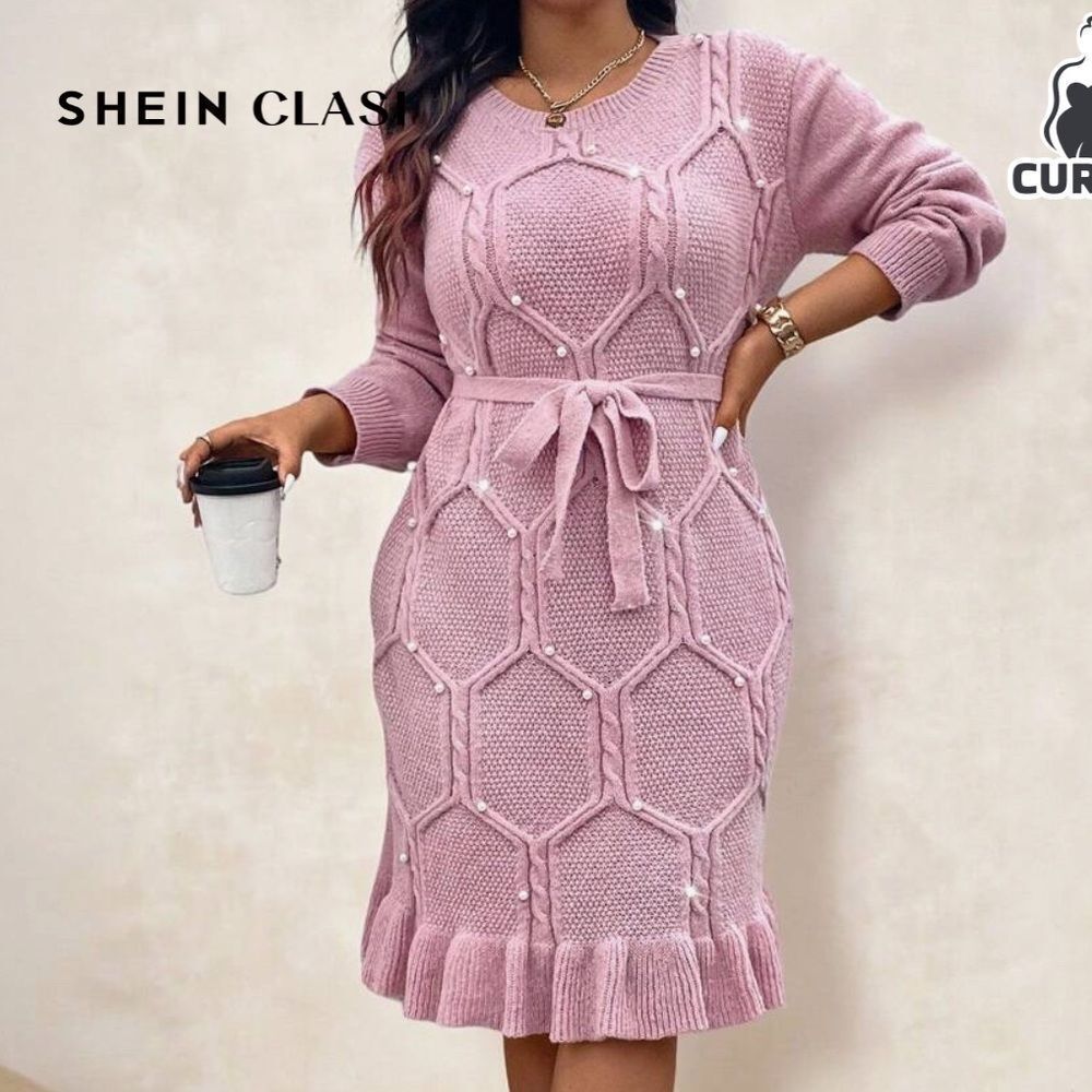 SHEIN Clasi Plus Size Pearl Flounce Hem Sweater Knit Dress Pink
